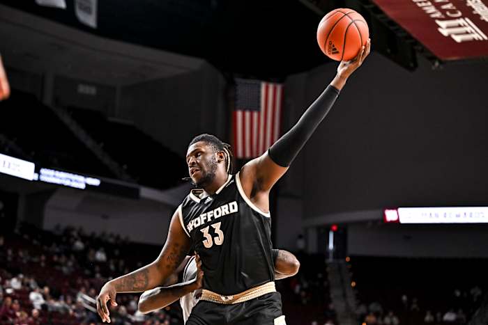 Dec 20, 2022; College Station, Texas, USA; Wofford Terriers forward B.J. Mack (33) shoots the ball during the first half against the Texas A&M Aggies at Reed Arena. Mandatory Credit: Maria Lysaker-USA TODAY Sports